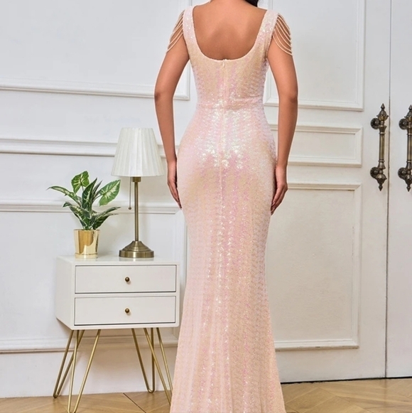 Pink, Sleeveless, Backless, V Neck, Beaded, Contrast Sequined and Mes… - Picture 6 of 12